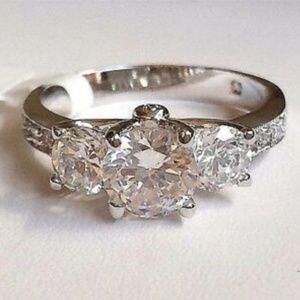 Silver Deco Engagement Ring Size 9 10 Rhodium Plated Solitaire Cubic Zirconia